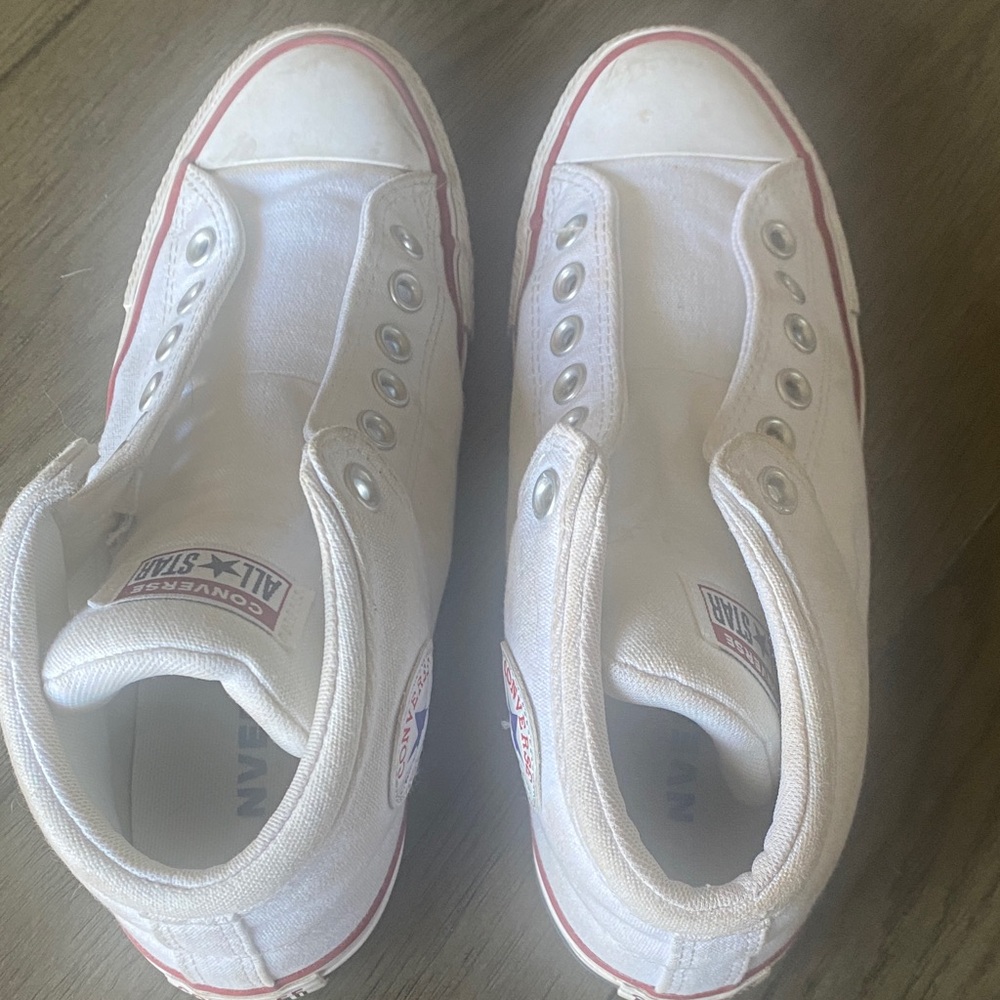 Converse White High Top Sneakers with Red Stripe